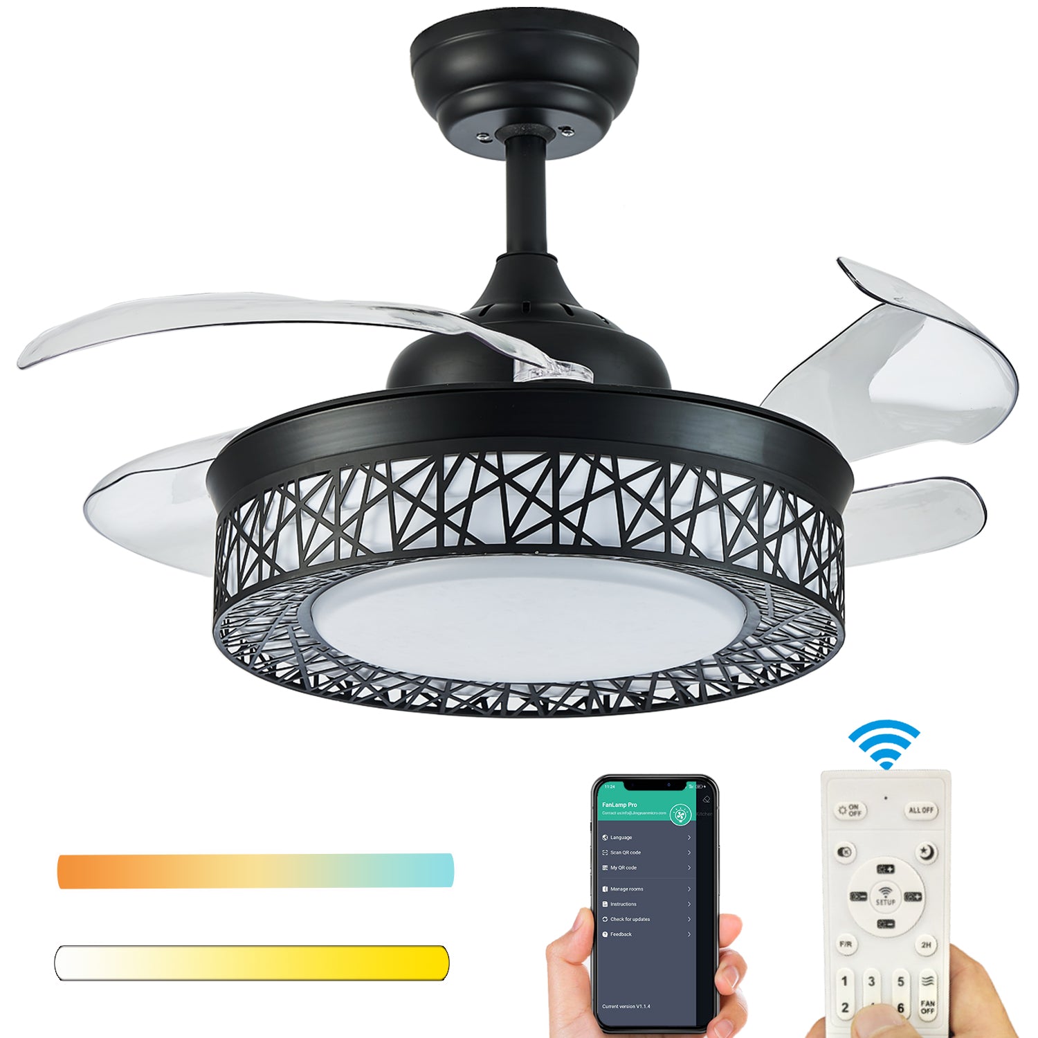 42'' with Lights and store Remote Control, Retractable Ceiling Fan with 3 Invisible Bl